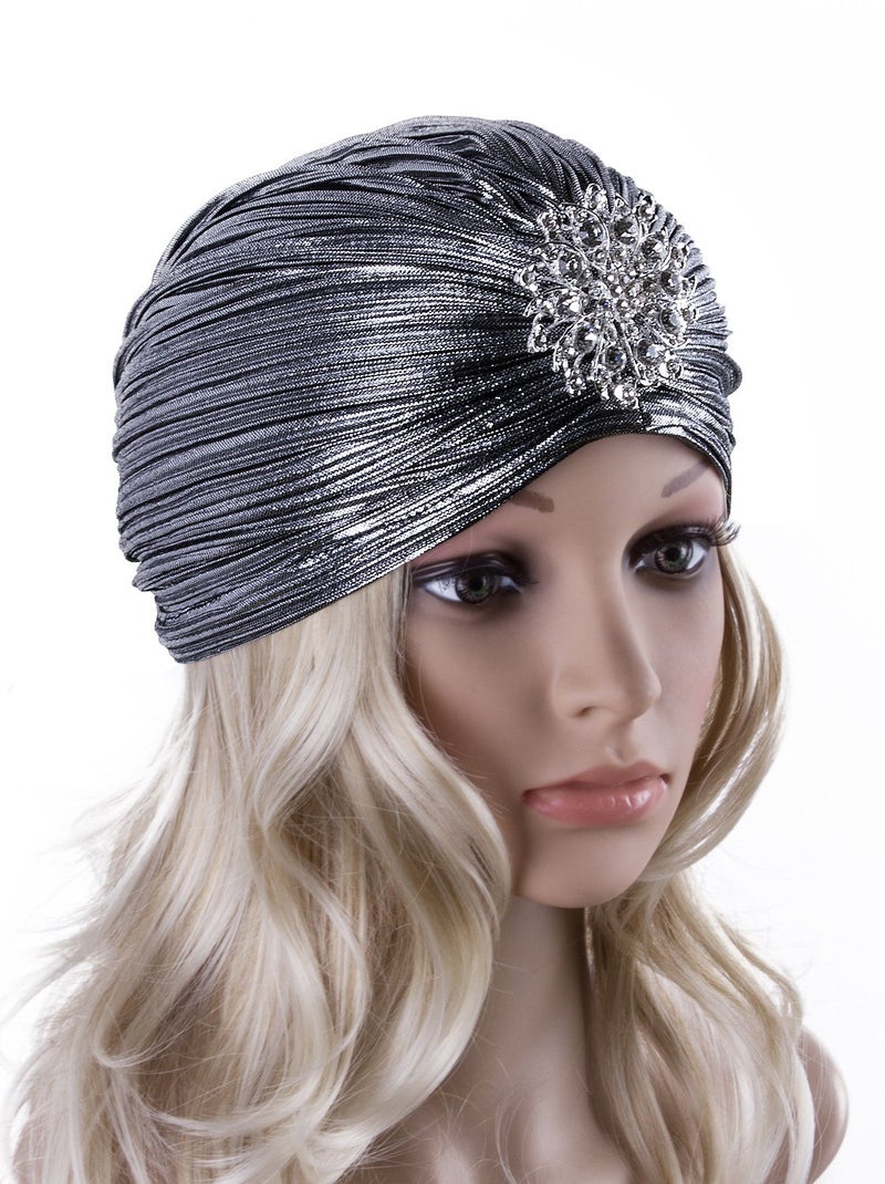Vijiv Women's Vintage Lurex Knit Turban Beanie Hats Headwraps for 1920s Cocktail Party Silver Grey - Image 4